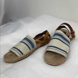 Women’s Tory Burch Tan and Cream Espadrilles with Blue Stripes Size 9